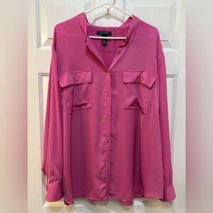 Lauren Ralph Lauren Button Front Satin Feel Blouse Pink Long Sleeve Women Sz 3X